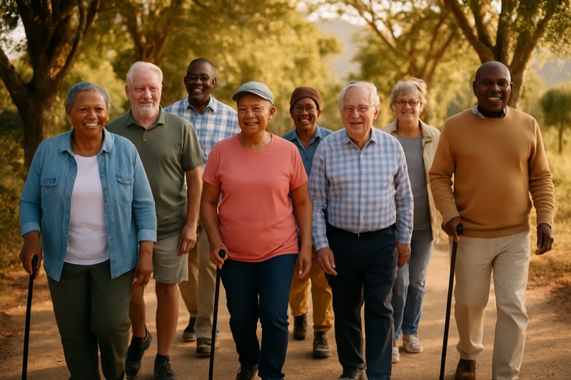 A retirement-village walking group setting out along a tree-lined path